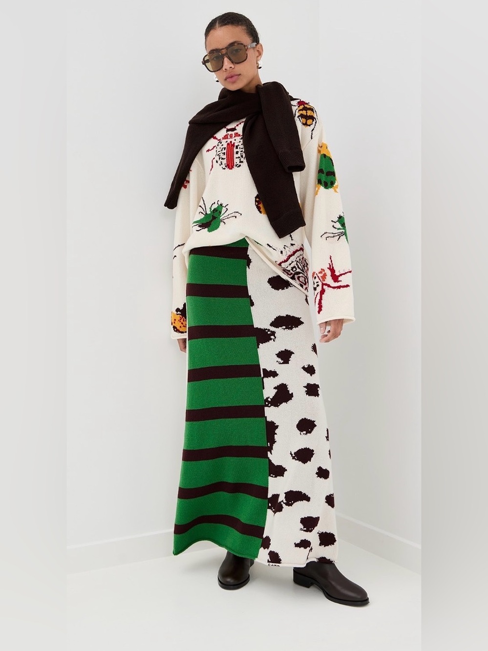 The Elder Statesman Cashmere Green, Black and White Patchwork Knit Maxi Skirt